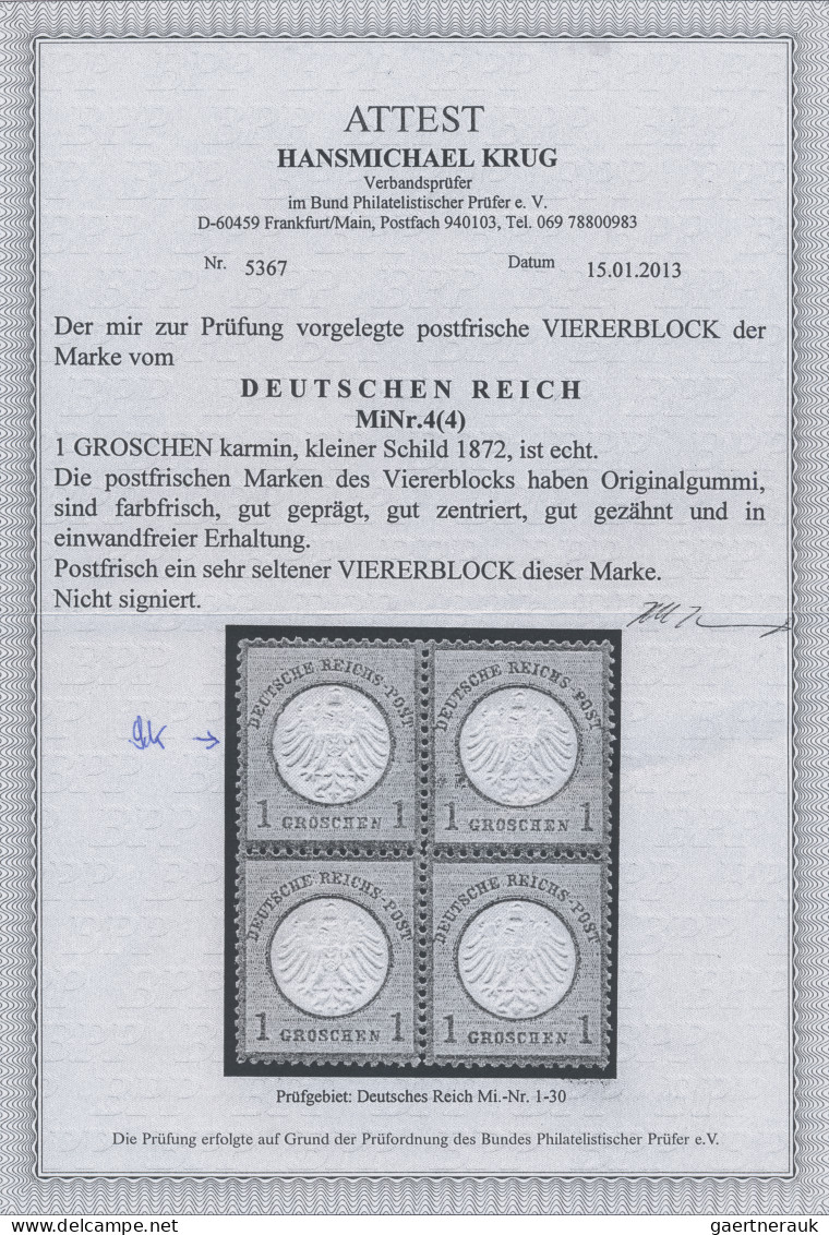 Deutsches Reich - Brustschild: 1872, Kleiner Schild 1 Gr. Karmin, Farbfrisches E - Ungebraucht