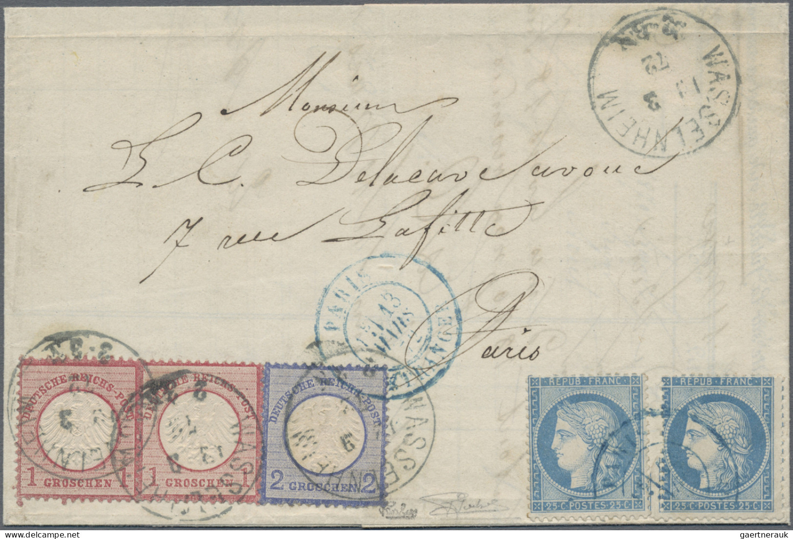 Deutsches Reich - Brustschild: 1872, 2x 1 Gr. Rötl.karmin, 2 Gr. Grauultramarin - Covers & Documents