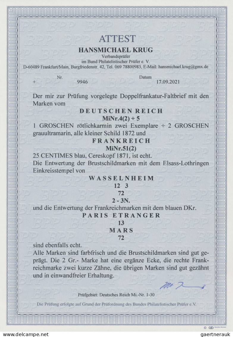 Deutsches Reich - Brustschild: 1872, 2x 1 Gr. Rötl.karmin, 2 Gr. Grauultramarin - Covers & Documents