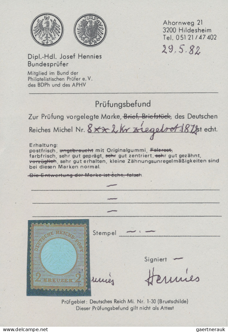 Deutsches Reich - Brustschild: 1872, Kleiner Schild 2 Kr Rötlichorange, POSTFRIS - Ungebraucht