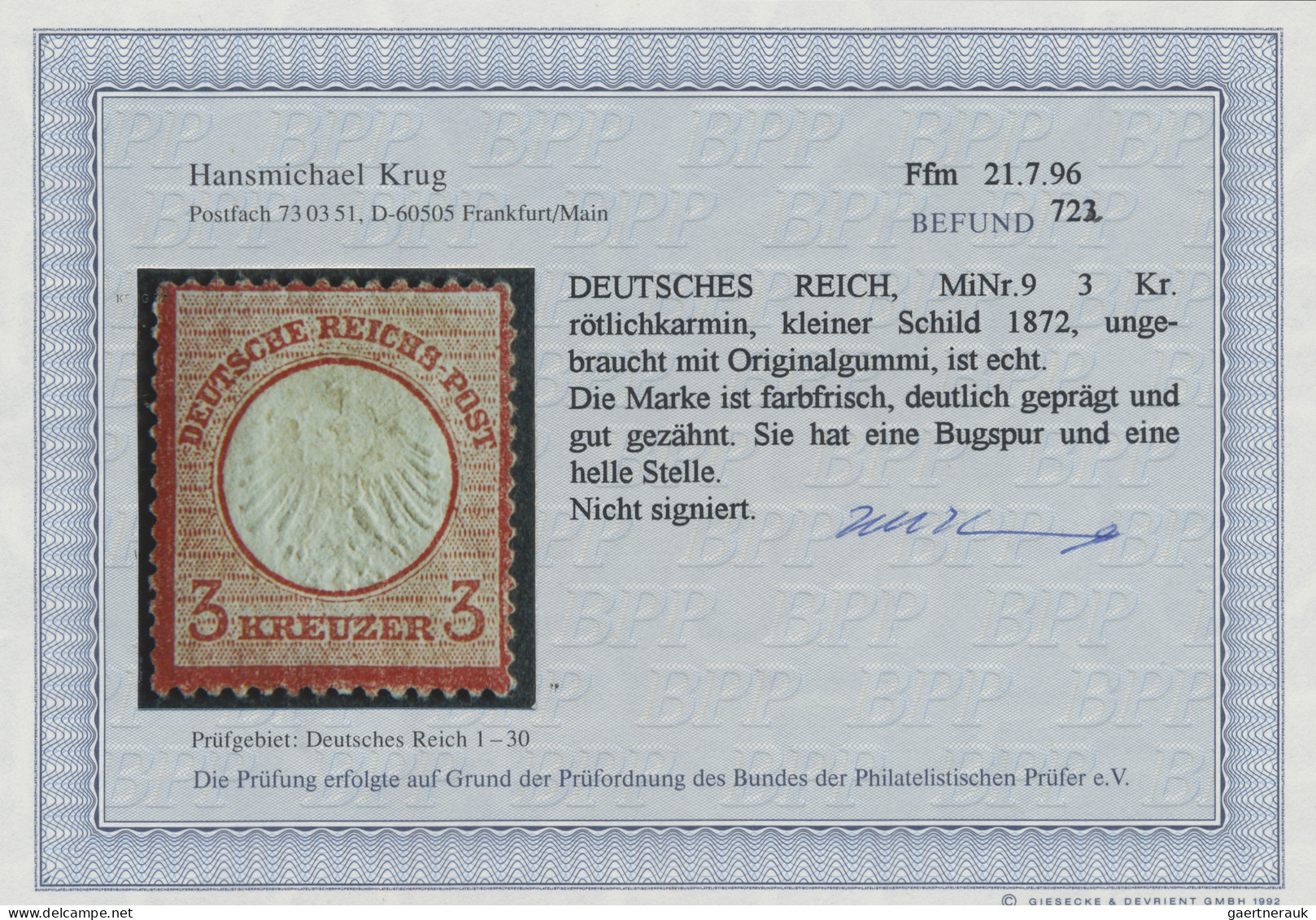 Deutsches Reich - Brustschild: 1872, 3 Kr Kleiner Schild Rötlichkarmin, Ungebrau - Nuevos