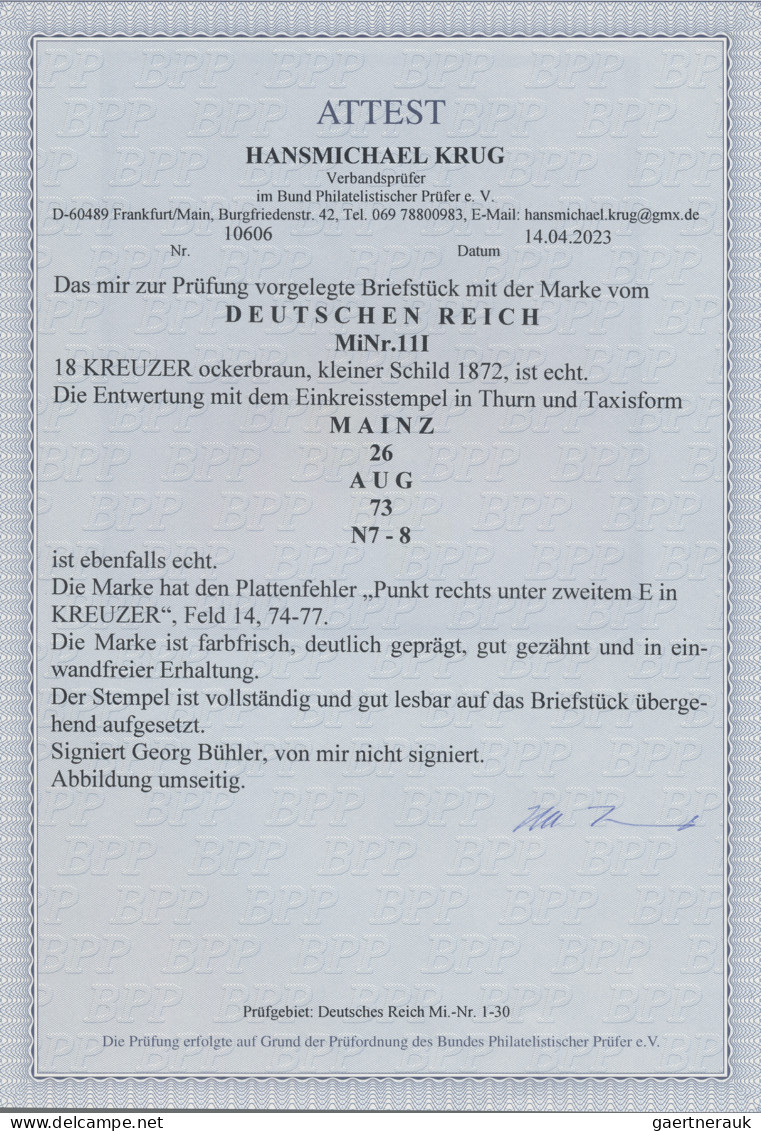 Deutsches Reich - Brustschild: 1872, 18 Kr Ockerbraun, Kleiner Schild, übergehen - Sonstige & Ohne Zuordnung