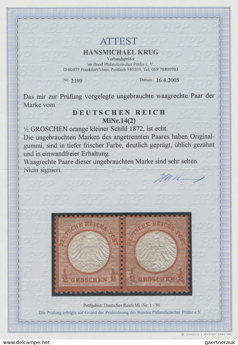 Deutsches Reich - Brustschild: 1872, 1/2 Gr Orange, Kleiner Schild Im Waagerecht - Ungebraucht