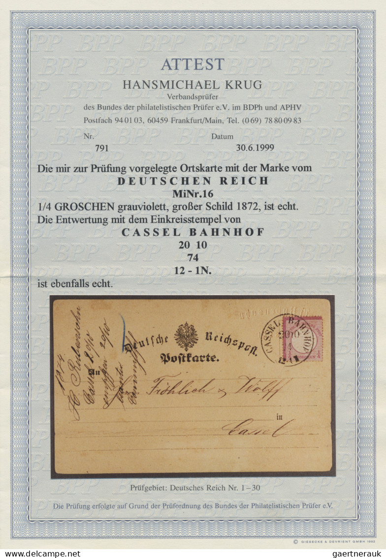 Deutsches Reich - Brustschild: 1874, 1/4 Gr. Grauviolett Gr.Schild Als Portogere - Cartas & Documentos