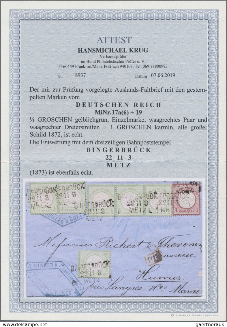 Deutsches Reich - Brustschild: 1872, ⅓ Gr Gelblichgrün Im Waagerechten Dreierstr - Brieven En Documenten