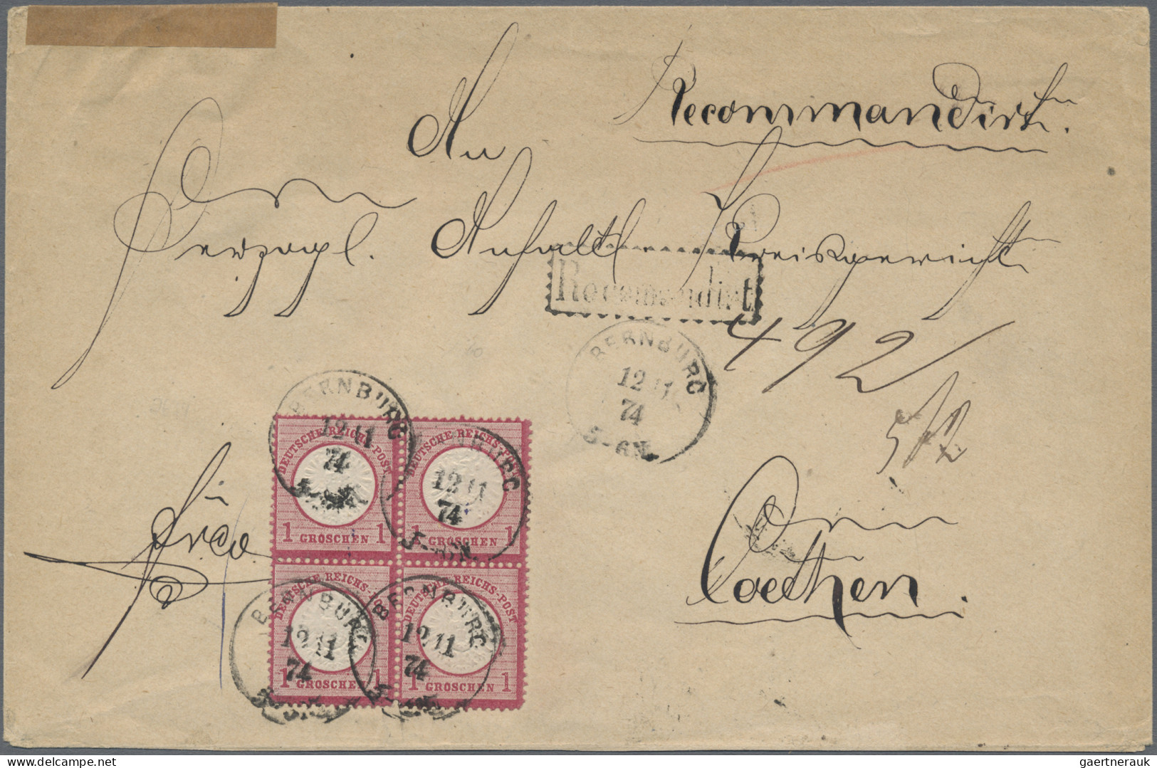 Deutsches Reich - Brustschild: 1874, 1 Gr. Karmin Gr.Schild Im 4er-Block Auf Por - Briefe U. Dokumente
