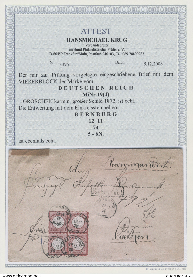 Deutsches Reich - Brustschild: 1874, 1 Gr. Karmin Gr.Schild Im 4er-Block Auf Por - Brieven En Documenten