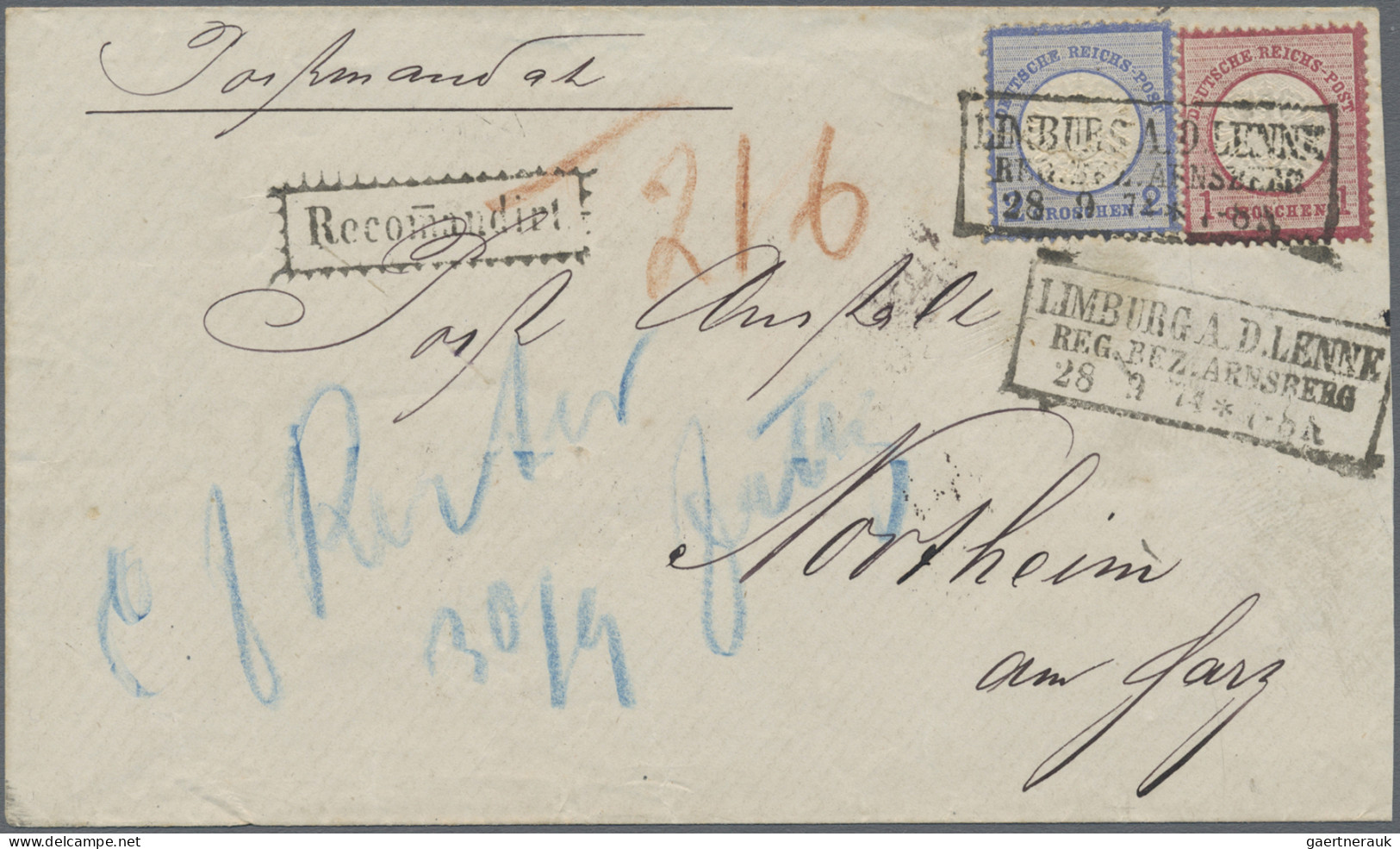 Deutsches Reich - Brustschild: 1874, 1 Gr. Karmin U.2 Gr. Blau , Gr. Schild Auf - Brieven En Documenten