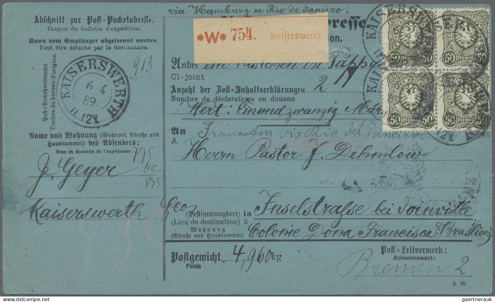 Deutsches Reich - Pfennig: 1889, Paketkarte Nach Brasilien: 50 Pfg. Olivgrün 4er - Brieven En Documenten