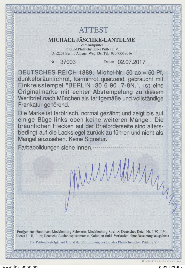 Deutsches Reich - Krone / Adler: 1890, 50 Pfg. Dunkelbräunlichrot, Farbfrisches - Lettres & Documents