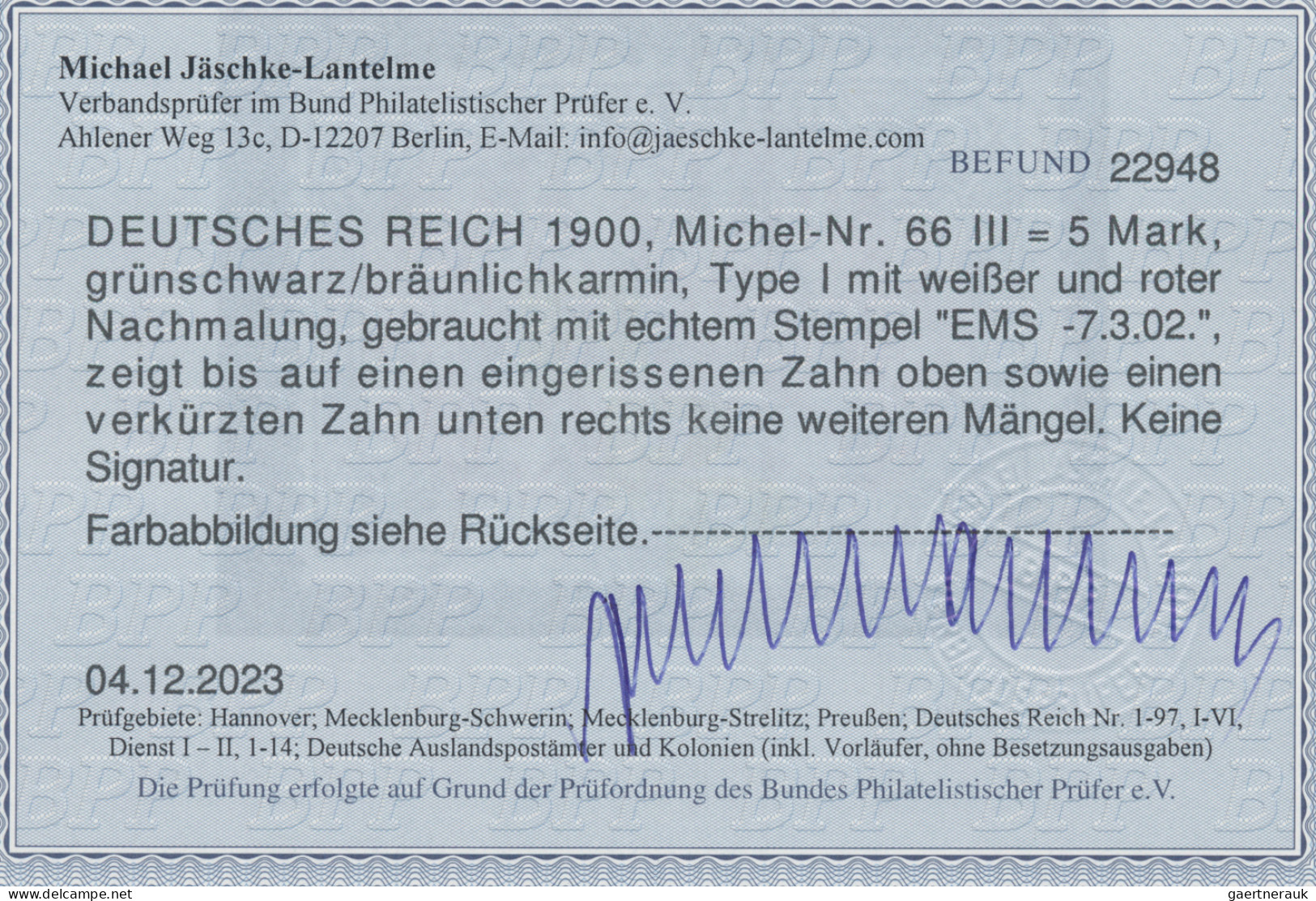 Deutsches Reich - Germania: 1900, "REICHSPOST" 5 M Grünschwarz/bräunlichkarmin I - Usados