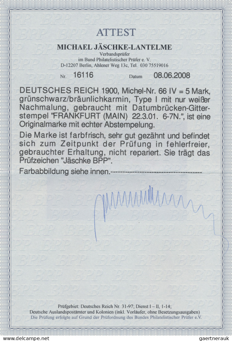 Deutsches Reich - Germania: 1900, "REICHSPOST" 5 M Grünschwarz/rot In Type IV (T - Gebruikt