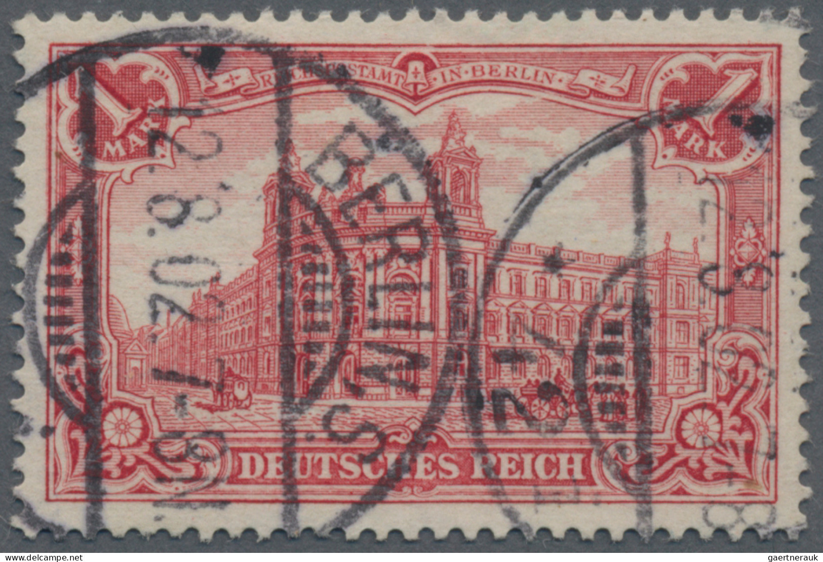 Deutsches Reich - Germania: 1902 1 M. Dunkelkarminrot Mit 26:17 Zähnungslöchern, - Gebruikt