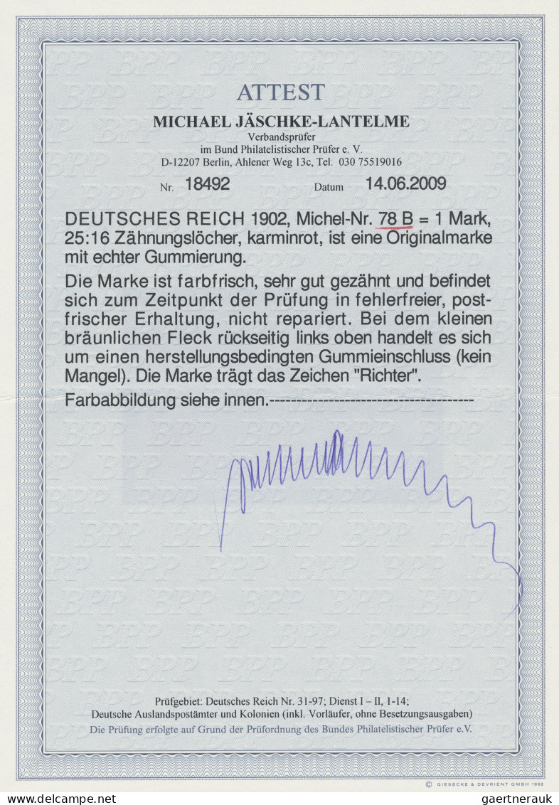 Deutsches Reich - Germania: 1902. 1 M Reichspostamt, Karminrot, 25:16 Zähnungslö - Neufs