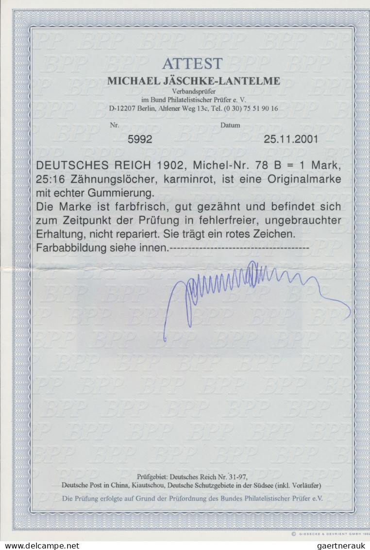 Deutsches Reich - Germania: 1902, Germania, 1 M. Karminrot, Gez. 25:16, Ungebrau - Ungebraucht
