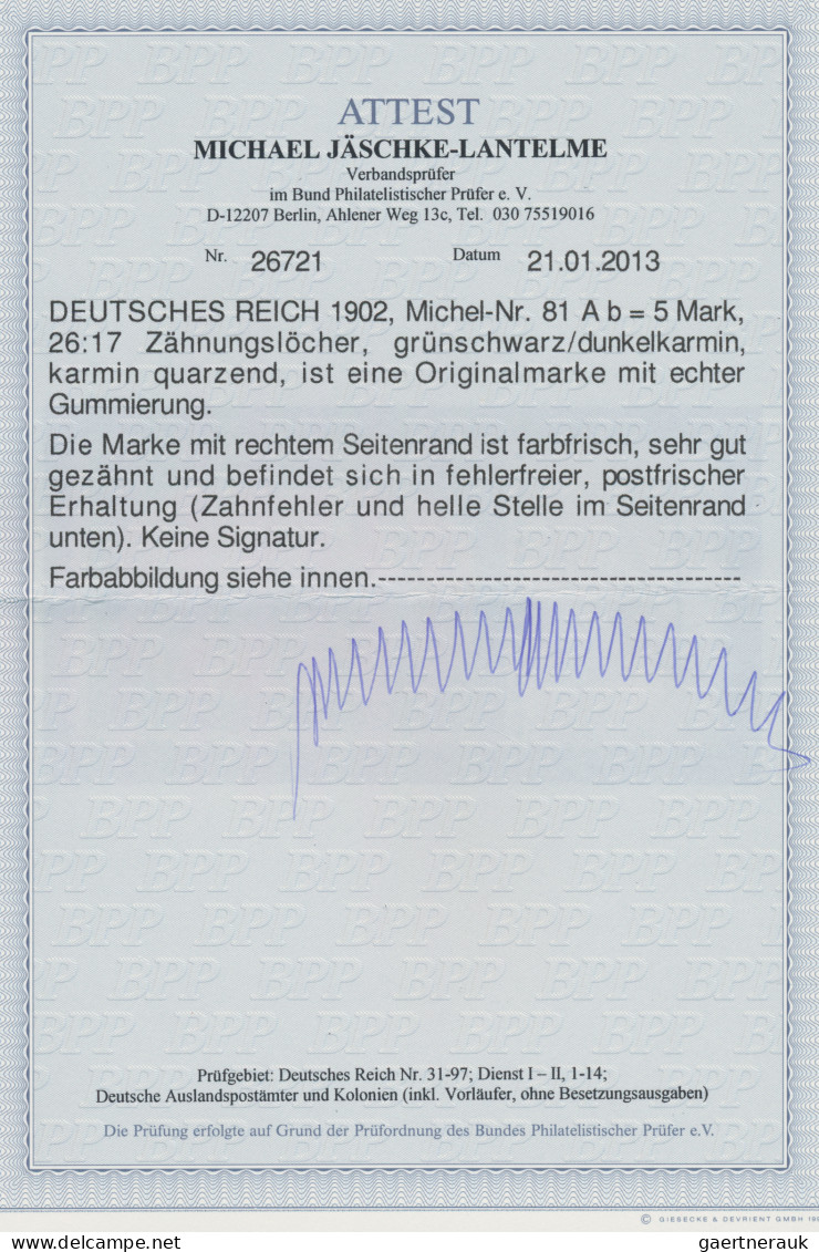 Deutsches Reich - Germania: 1902 5 M Grünschwarz/dunkelkarmin (UV: Karmin) Mit 2 - Ungebraucht