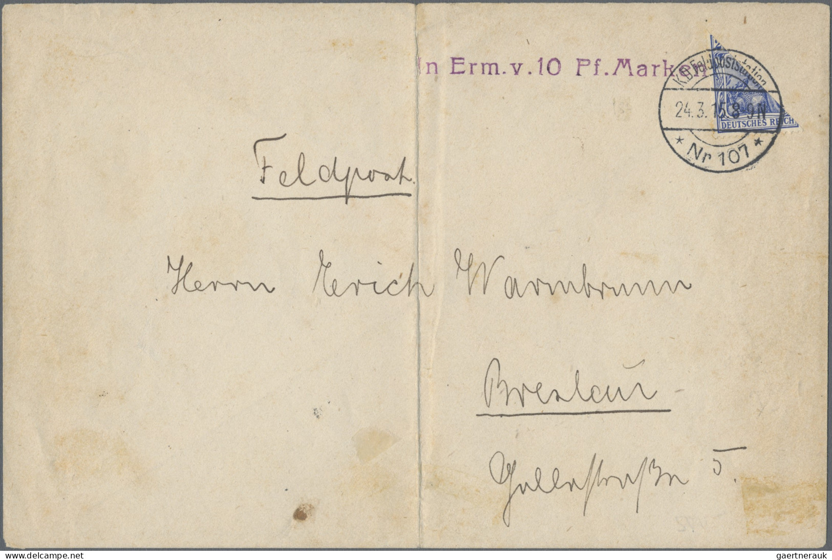Deutsches Reich - Germania: 1915, Germania 20 Pf Blau Diagonal Halbierte Marke A - Lettres & Documents