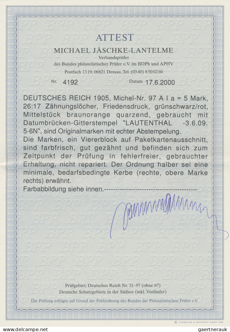 Deutsches Reich - Germania: 1905, VIERERBLOCK 5 M. Grünschwarz/rot, Mittelstück - Sonstige & Ohne Zuordnung