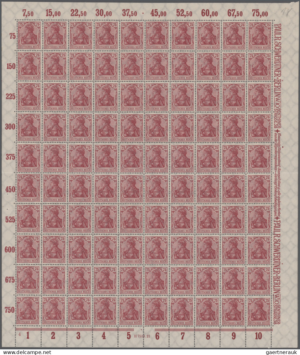 Deutsches Reich - Inflation: 1922, Germania, 75 Pfg., Postfrischer Original-Boge - Unused Stamps