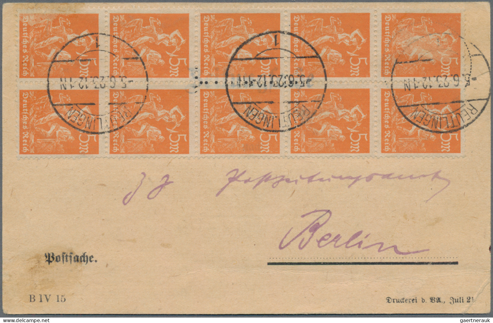 Deutsches Reich - Inflation: 1923, Arbeiter 5 Mark Orange Im 10er-Block Als Port - Lettres & Documents