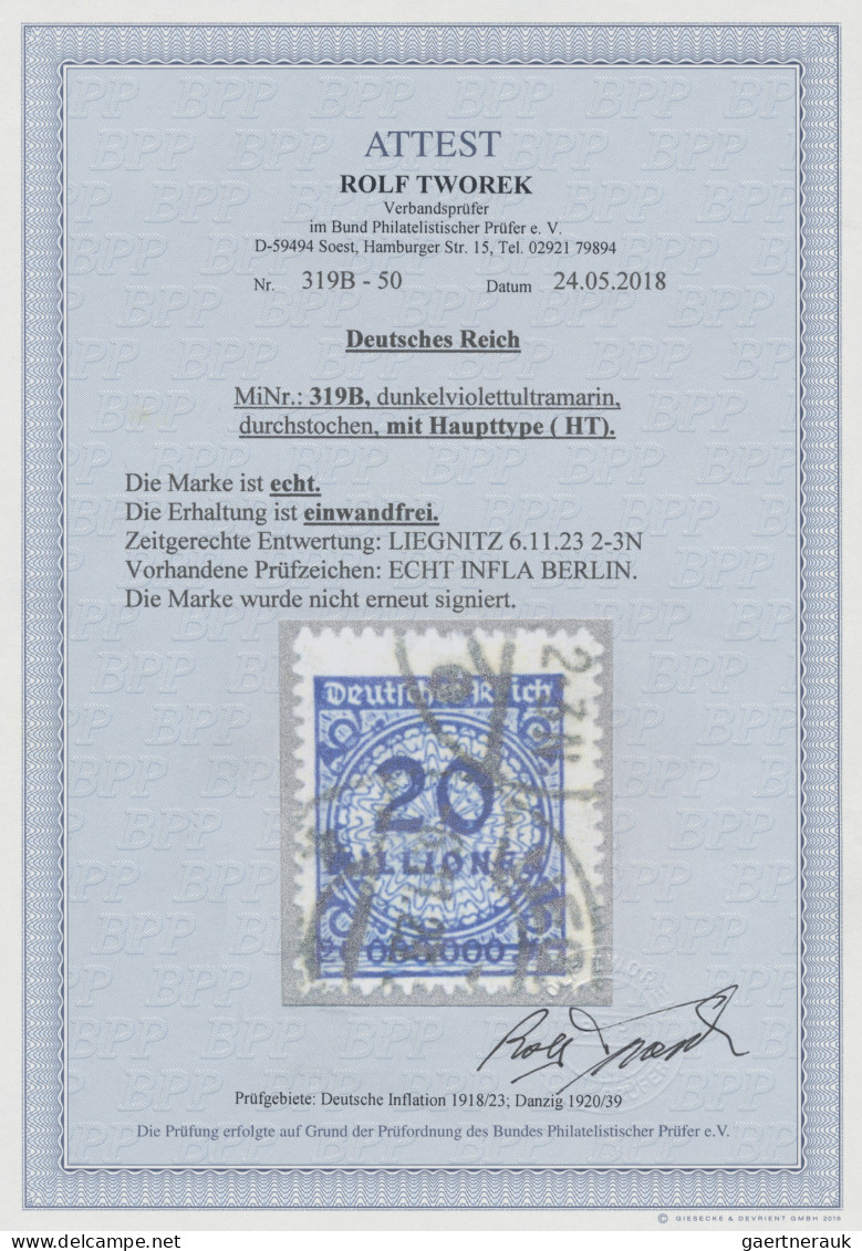 Deutsches Reich - Inflation: 1923, 20 Mio. Mark Ultramarin Durchstochen Mit Plat - Usados