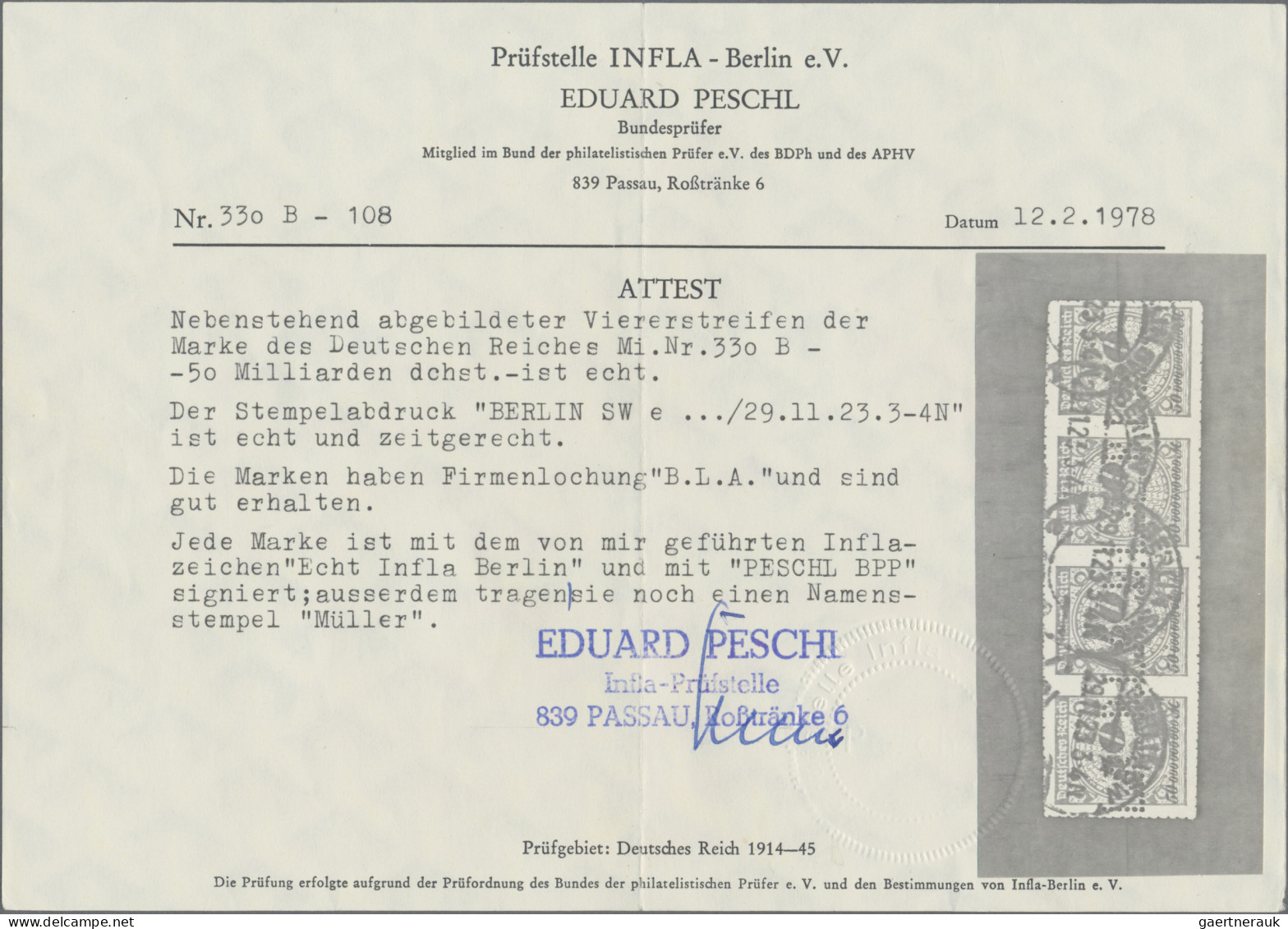 Deutsches Reich - Inflation: 1923 Viererstreifen Der 50 Mrd. Kobaltblau Durchsto - Gebraucht