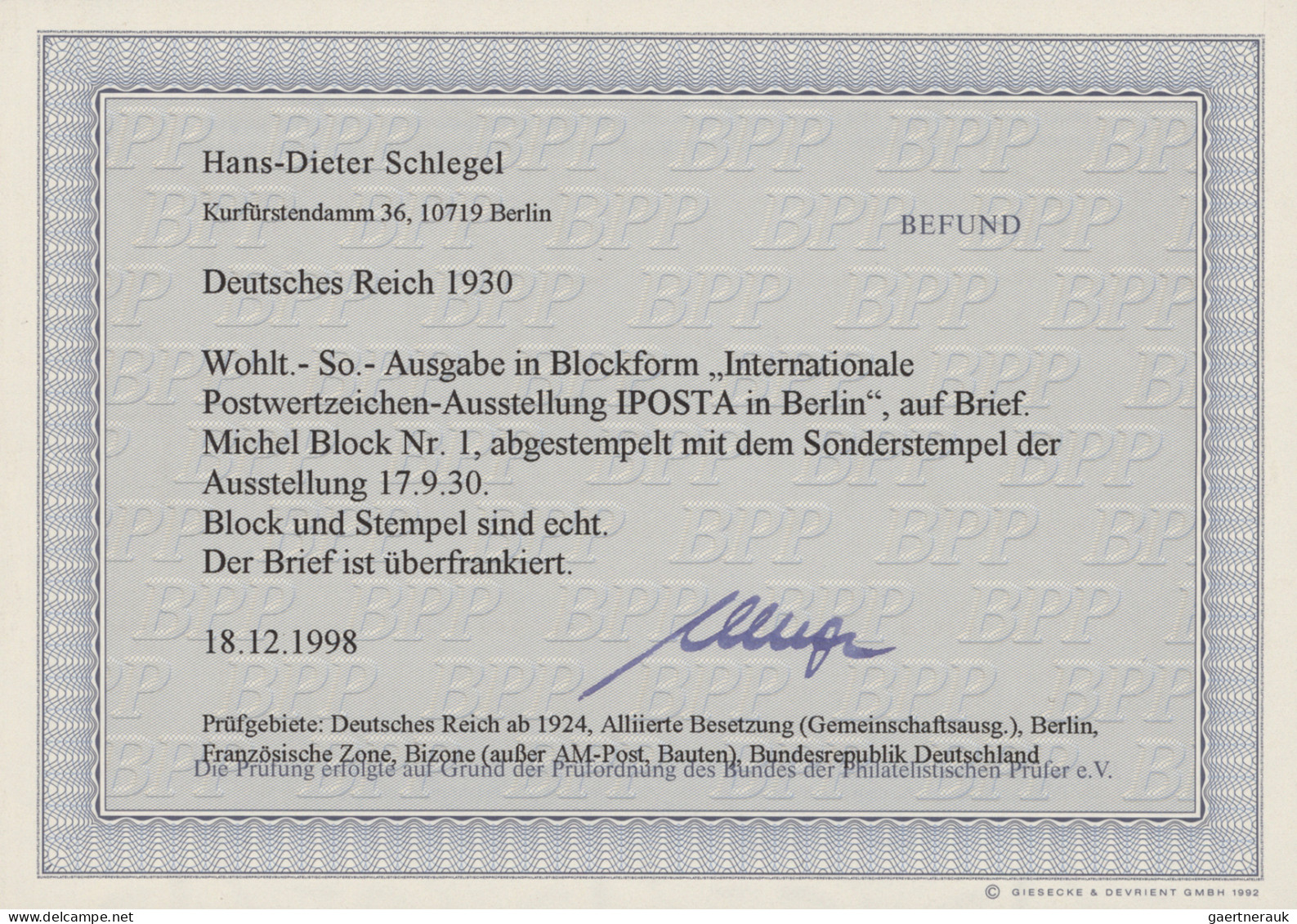 Deutsches Reich - Weimar: 1930, Iposta-Block Rs. Auf Brief Mit SST 17.9., Fotobe - Briefe U. Dokumente