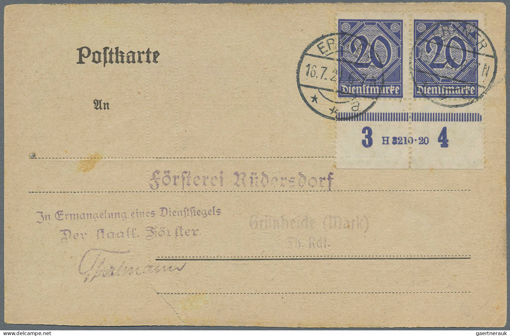 Deutsches Reich - Dienstmarken: 1921, 20 Pfg. Ultramarin Im Unterrandpaar Mit HA - Dienstmarken