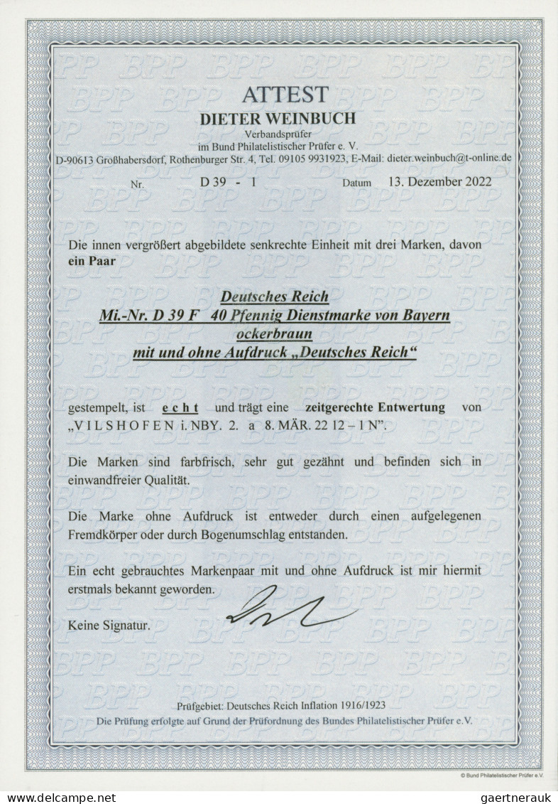Deutsches Reich - Dienstmarken: 1920, 40 Pf Bayern Abschied", Senkrechter Dreier - Officials