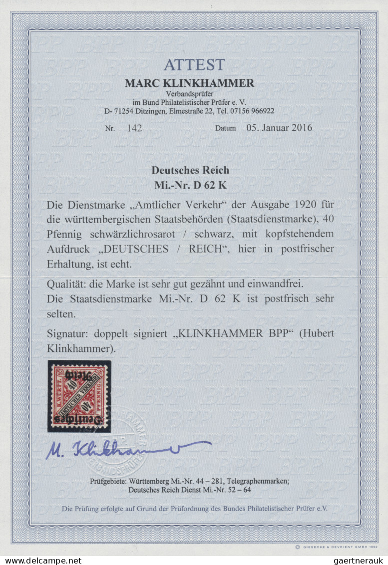 Deutsches Reich - Dienstmarken: 1920, 40 Pfg. Schwärzlichrosarot/schwarz Mit KOP - Oficial