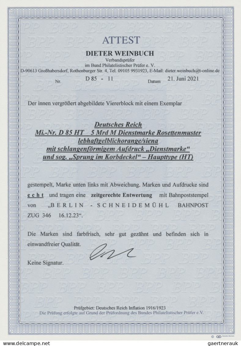 Deutsches Reich - Dienstmarken: 1923, 5 Mrd Mark Schlangenaufdruck Als Viererblo - Service