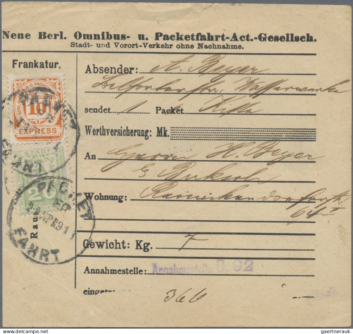 Deutsches Reich - Privatpost (Stadtpost): BERLIN: 1891, Packet-Fahrt, 20 Pfg. Gr - Privatpost