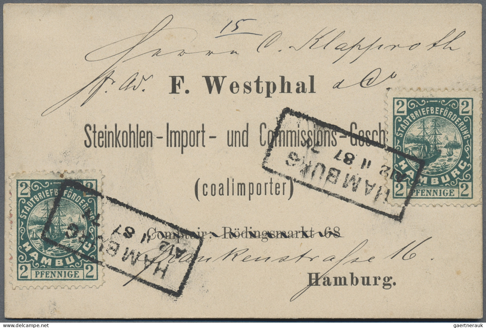 Deutsches Reich - Privatpost (Stadtpost): HAMBURG Stadtbriefbeförderung 1887, 2x - Private & Local Mails