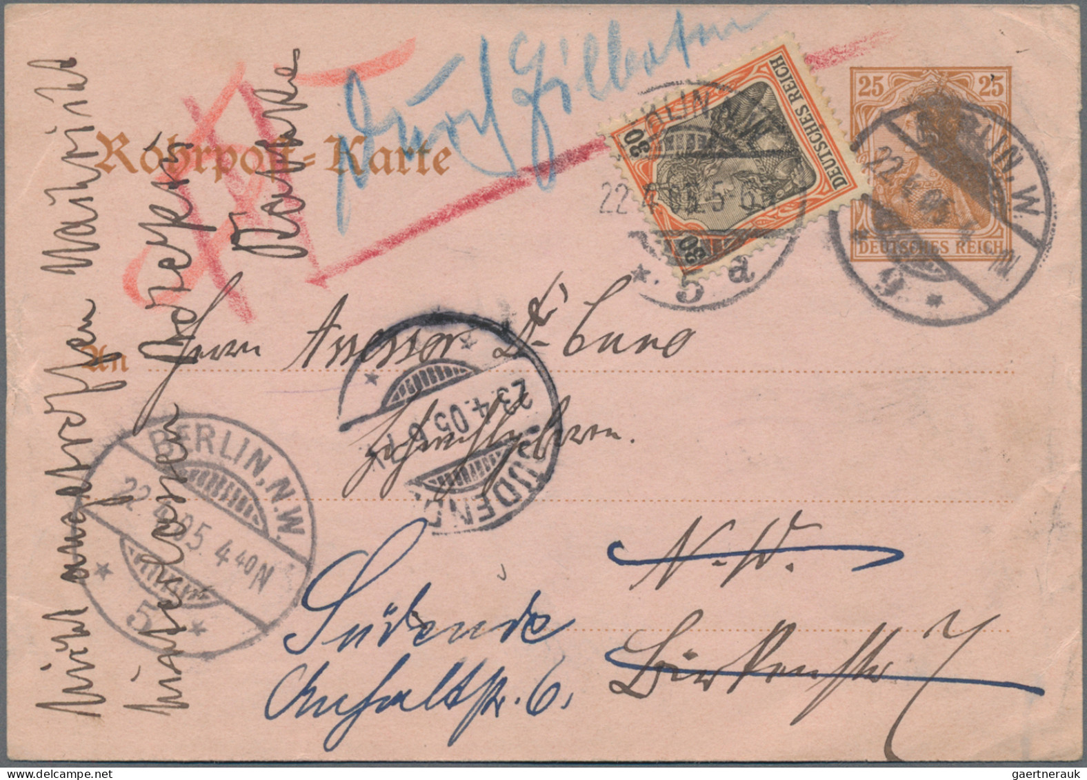 Deutsches Reich - Ganzsachen: 1905, 25 Pf Germania Rohrpostkarte Von BERLIN W 9, - Autres & Non Classés
