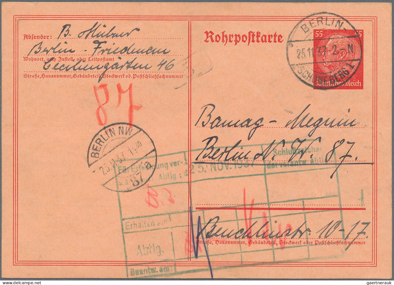 Deutsches Reich - Ganzsachen: 1934, Rohrpostkarte 55 Pfg. Hindenburg Bedarfsgebr - Andere & Zonder Classificatie