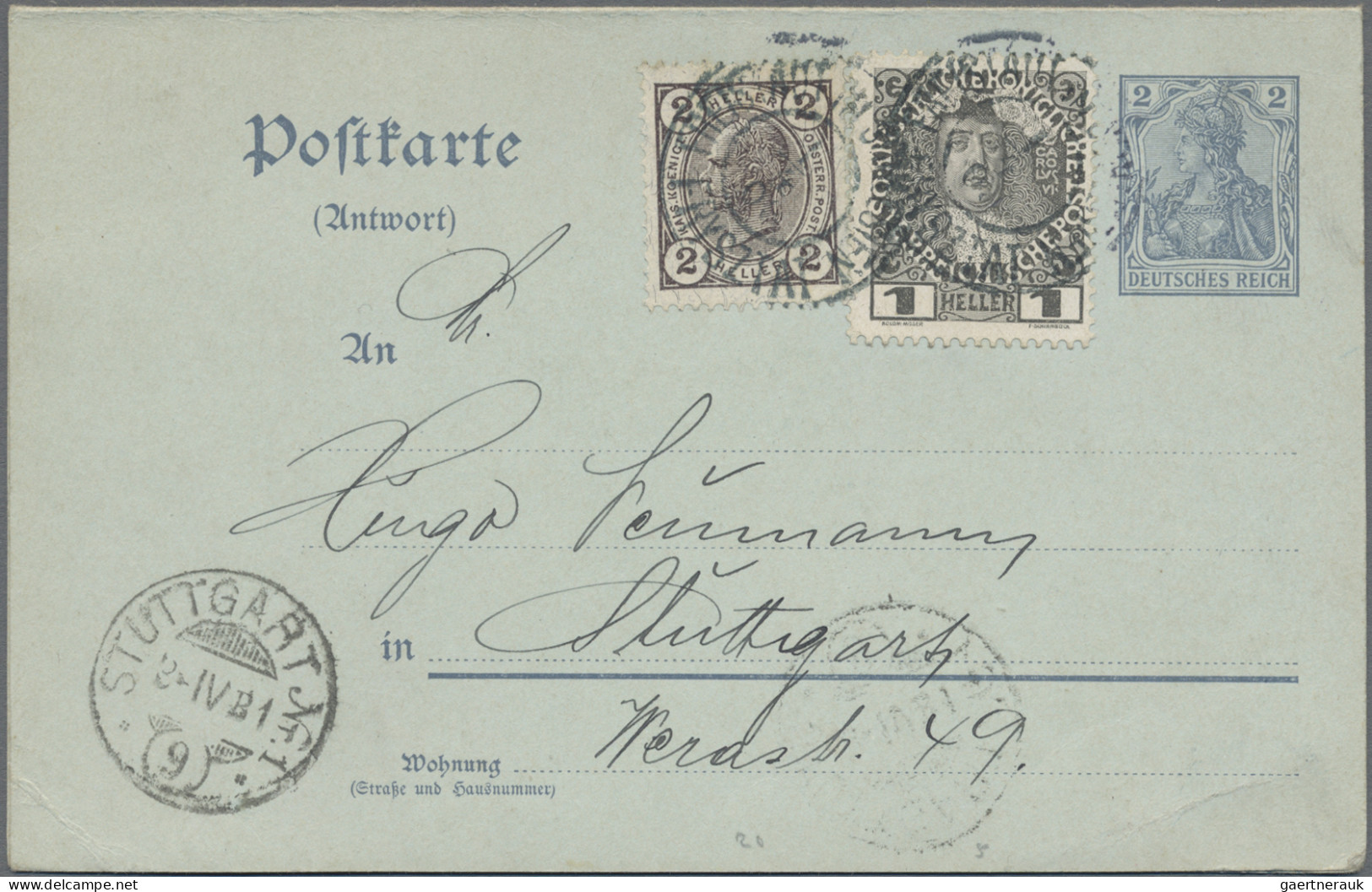 Deutsches Reich - Ganzsachen: 1908, 2/2 Pf. Germania Doppelkarte, 4 Stück, Frage - Other & Unclassified