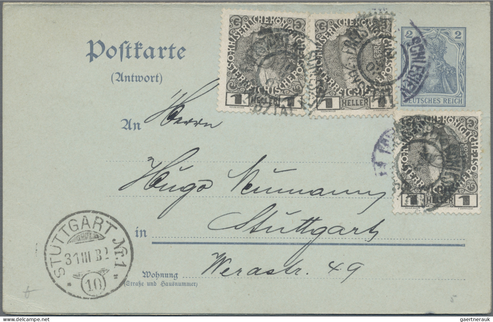 Deutsches Reich - Ganzsachen: 1908, 2/2 Pf. Germania Doppelkarte, 4 Stück, Frage - Autres & Non Classés