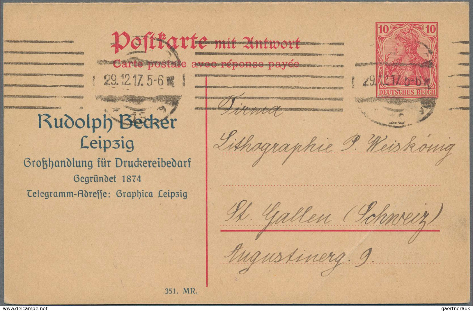 Deutsches Reich - Ganzsachen: 1917, Doppelkarte Germania 10 Pfg.+10 Pfg. Bedarfs - Sonstige & Ohne Zuordnung
