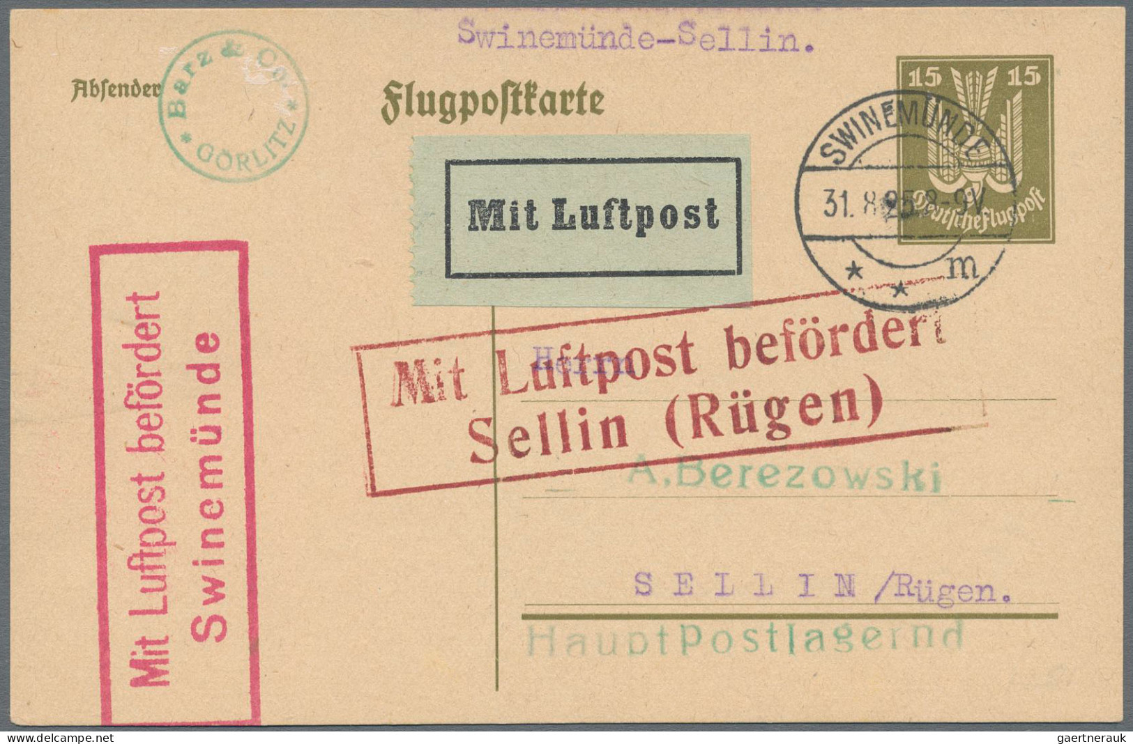 Deutsches Reich - Ganzsachen: 1924/1925, Flugpostkarte 15 Pfg. Holztaube, Drei P - Sonstige & Ohne Zuordnung