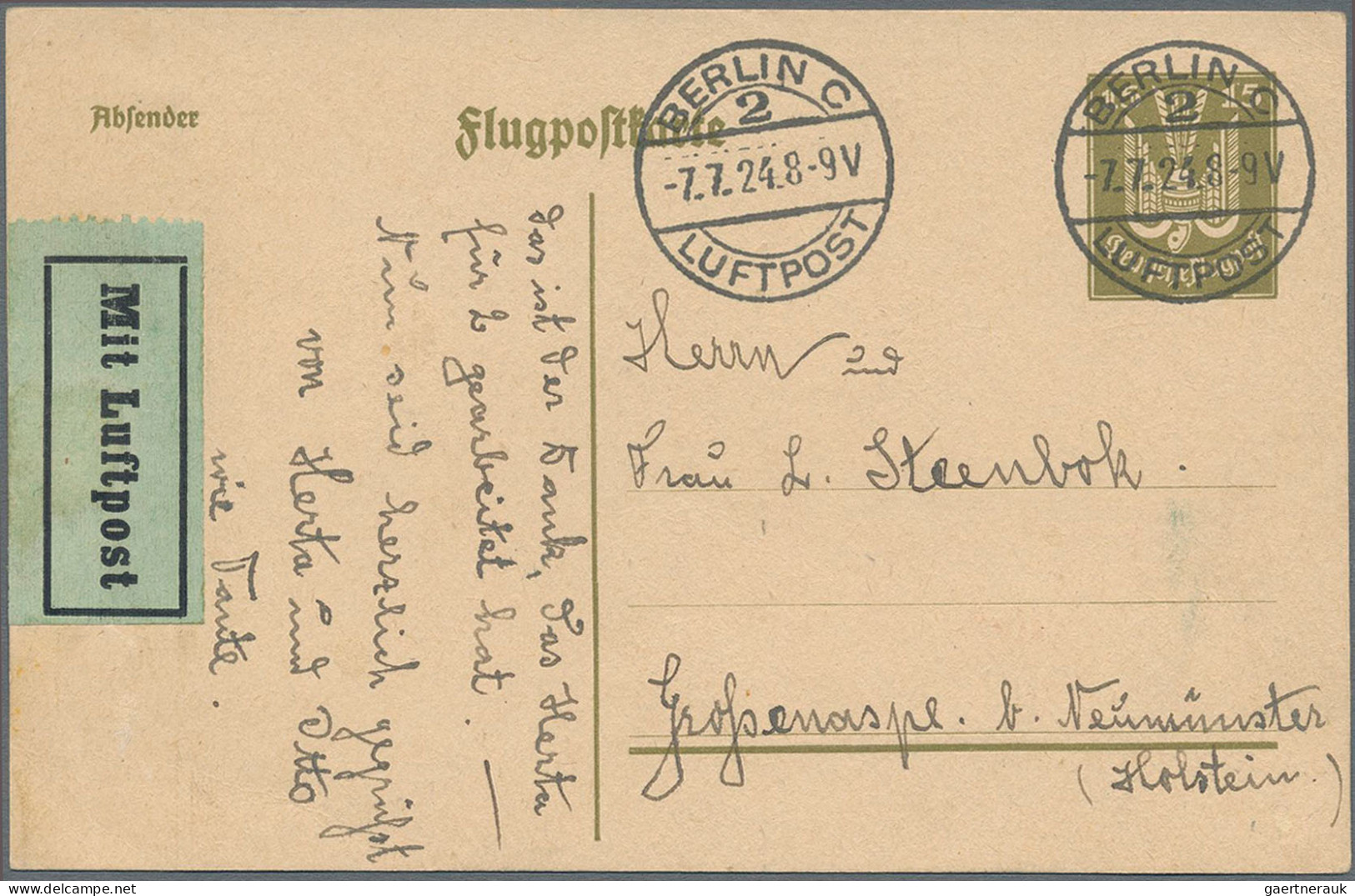 Deutsches Reich - Ganzsachen: 1924/1925, Flugpostkarte 15 Pfg. Holztaube, Drei P - Other & Unclassified