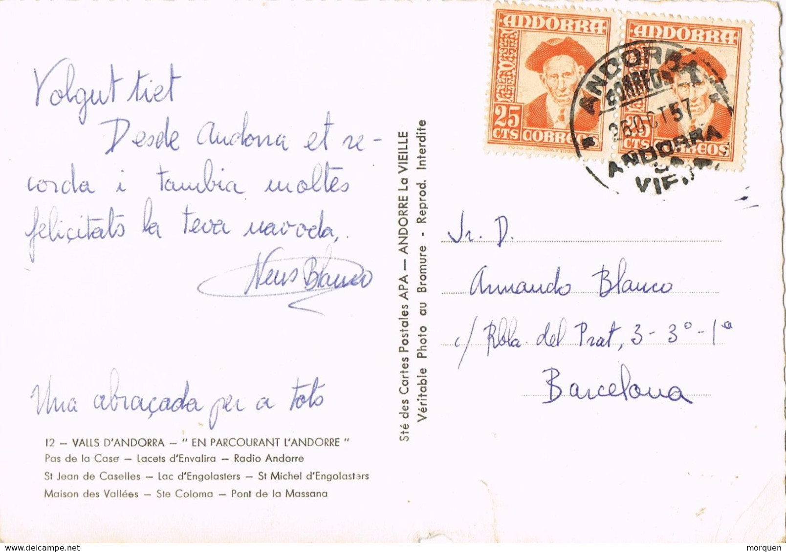 53696. Postal ANDORRA La VIEJA (Andorra Española) 1957. Vistas Varias Andorranas - Lettres & Documents