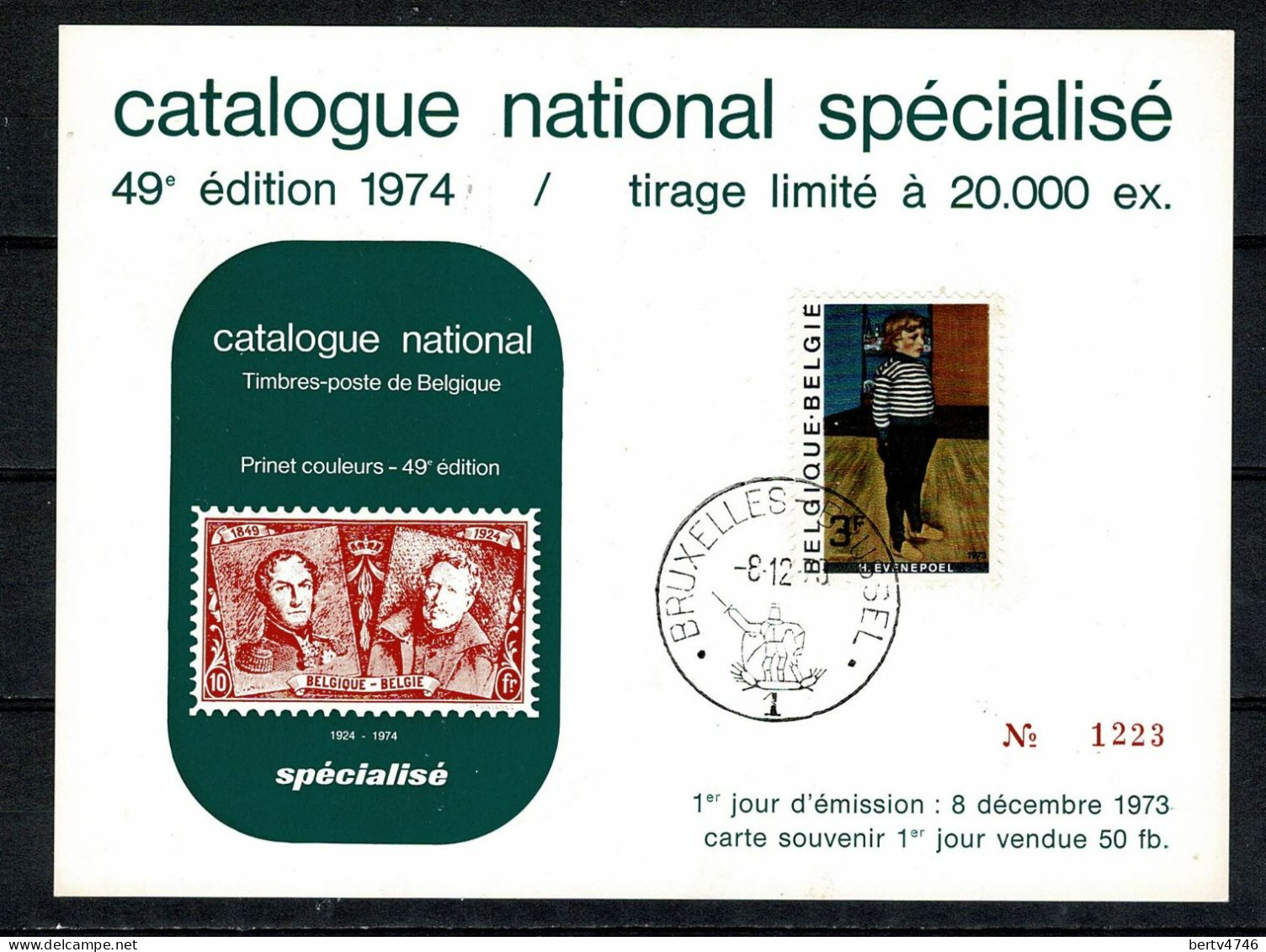 Belg. 1686 Op/sur Carte Souvenir Catalogue National Spécialisé - Edition 1974 (2 Scans) - Souvenir Cards - Joint Issues [HK]