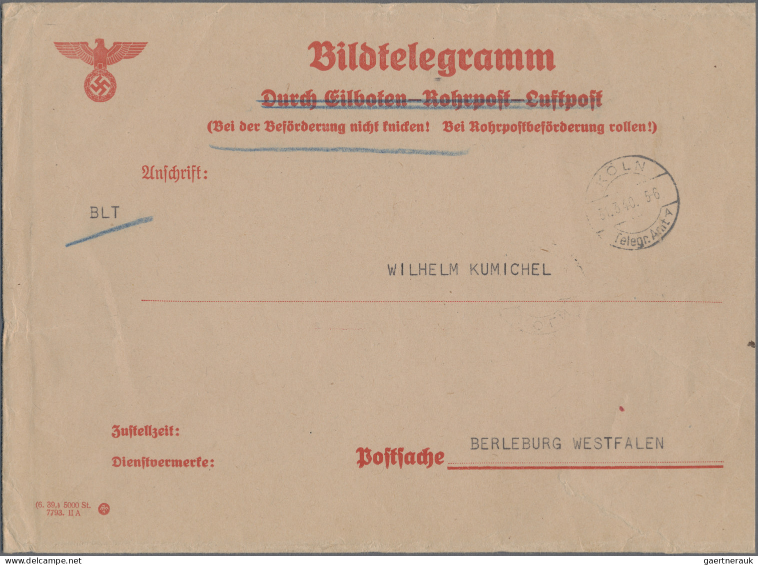 Deutsches Reich - Besonderheiten: 1940, 30.März, Bildtelegramm Von Der Briefmark - Autres & Non Classés