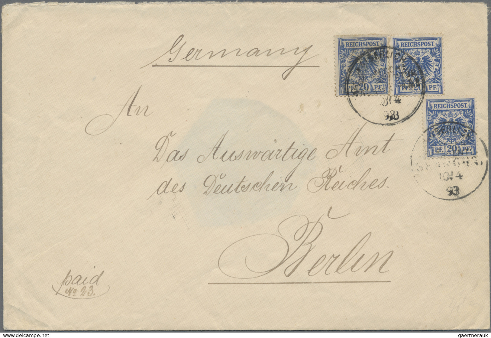 Deutsche Post In China - Vorläufer: 1893, Krone/Adler 20 Pfg. Ultramarin, Drei W - China (kantoren)