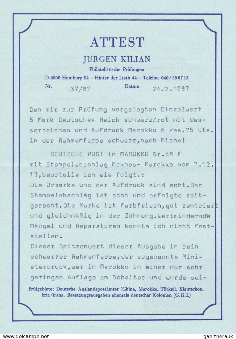 Deutsche Post In Marokko: 1911 "Ministerdruck" Der "6 Pes. 25 Cts." Auf 5 M. Sch - Maroc (bureaux)