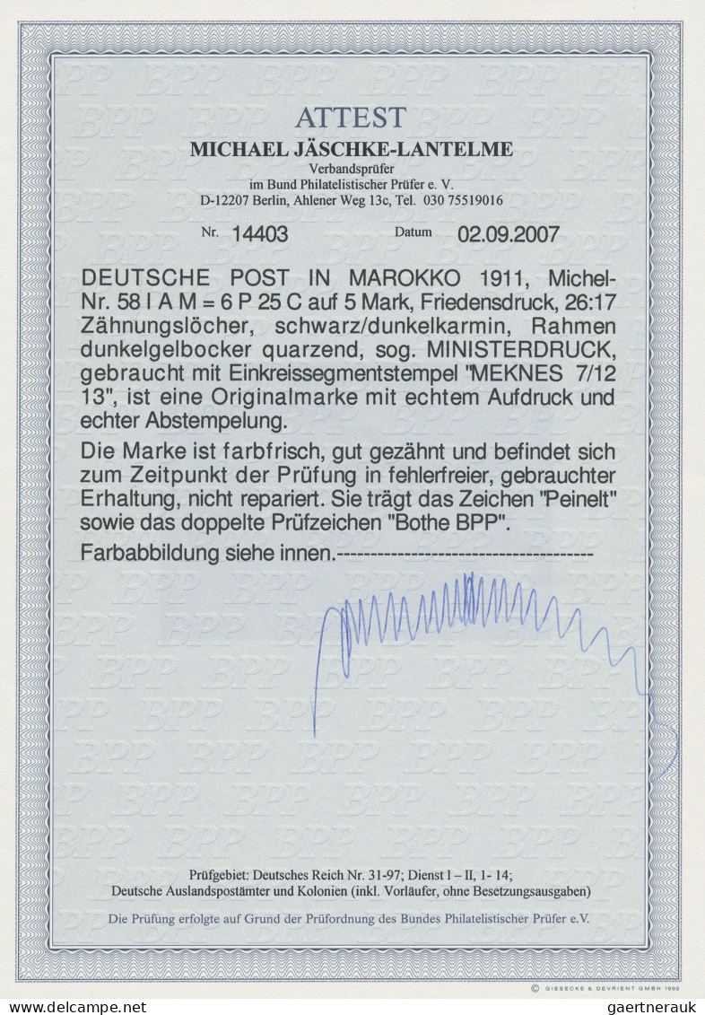 Deutsche Post In Marokko: 1911 "Ministerdruck" Der "6 Pes. 25 Cts." Auf 5 M. Sch - Morocco (offices)