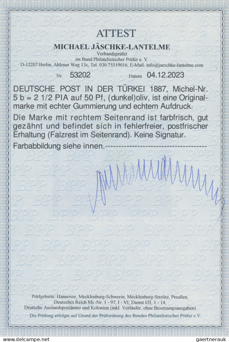 Deutsche Post In Der Türkei: 1887, Freimarke 2½ Piaster Auf 50 Pfg. (dunkel)oliv - Turquia (oficinas)