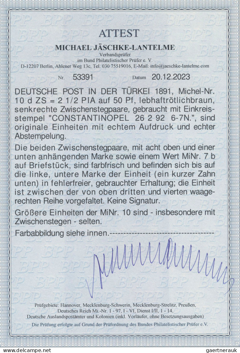 Deutsche Post In Der Türkei: 1889, 2 1/2 Pia Auf 50 Pf Im Senkr. 13er-Block Gest - Deutsche Post In Der Türkei