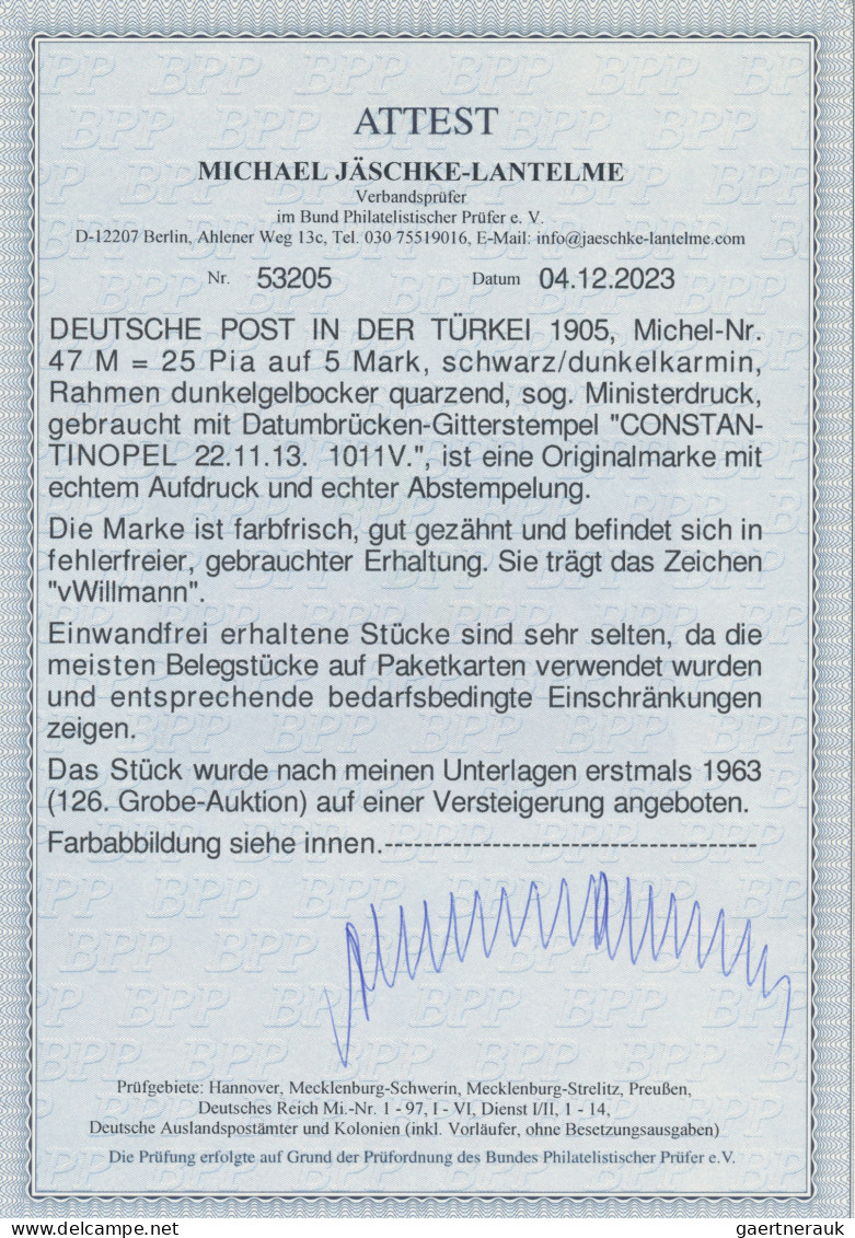 Deutsche Post In Der Türkei: 1905, Reichsgründungsfeier: 5 Mark Mit Wz. 1, überd - Deutsche Post In Der Türkei