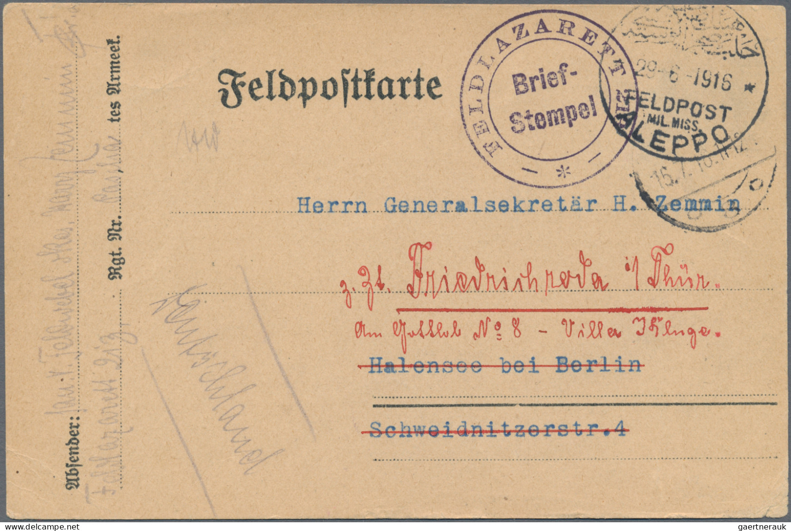 Militärmission: 1916/18, Vier FP-Belege Mit Stempel ALEPPO, DAMASKUS, KONSTANTIN - Turquie (bureaux)